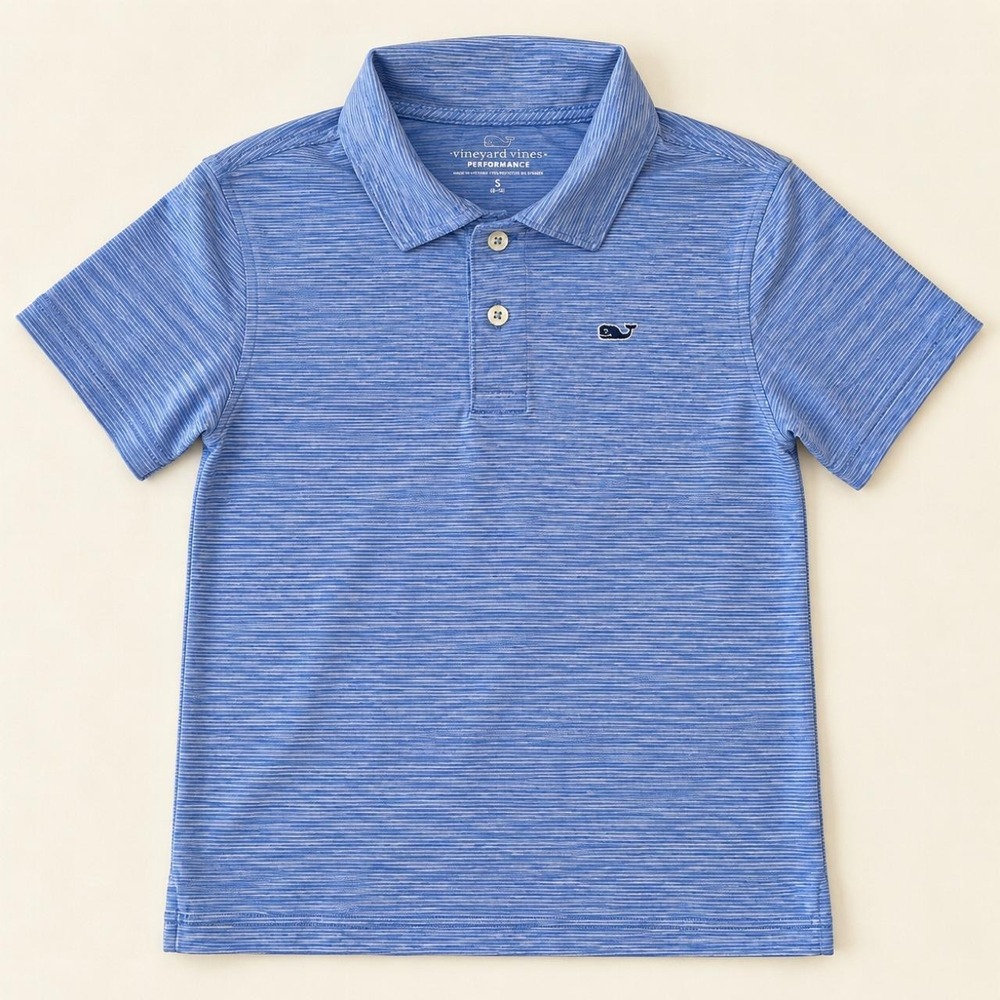 Vineyard Vines Boys Blue Striped Performance Polo — S (8–10)